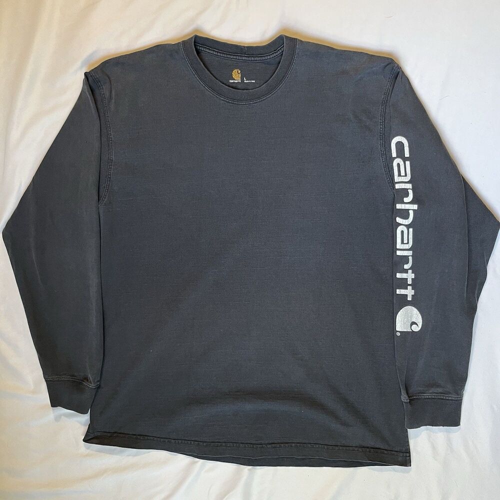 Carhartt Shirt Men L Black Faded Workwear Spell Out Logo Distressed Long Sleeve